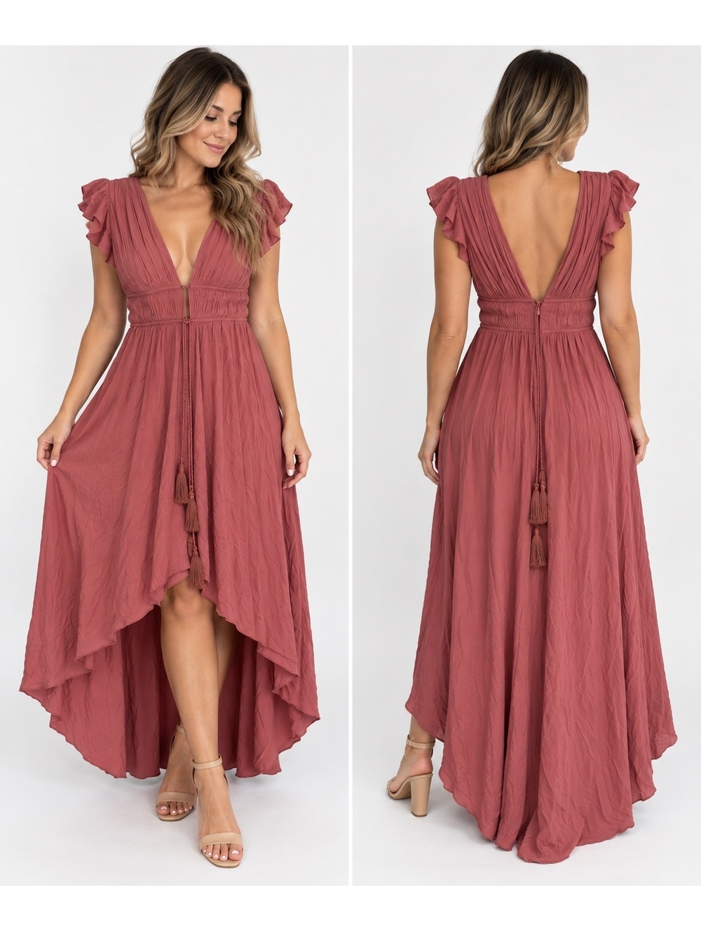 Azazie Dusty Rose High Low Maxi Bridesmaid Dress Flutter Sleeve Size A16